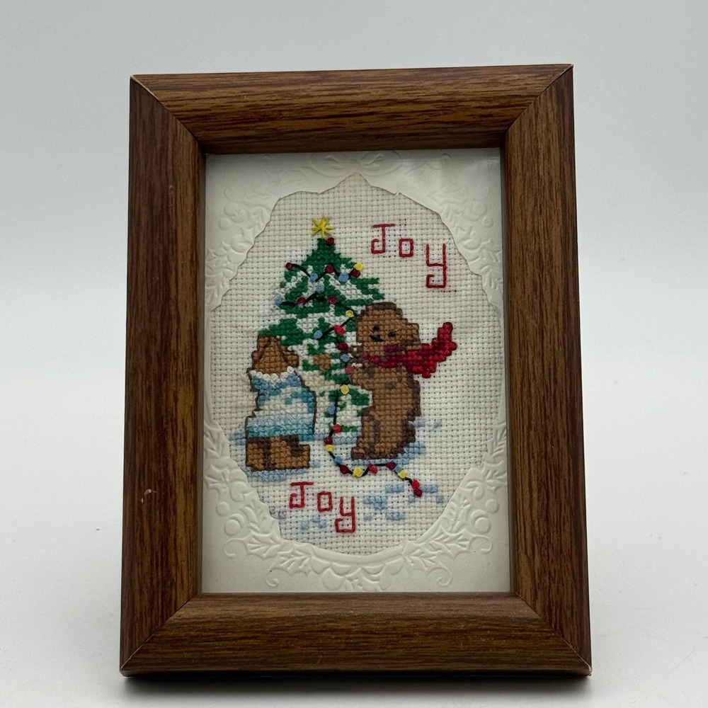 Vintage Christmas Bear Cross Stitch Framed Art Joy Holiday Decor Wood Frame 5x7